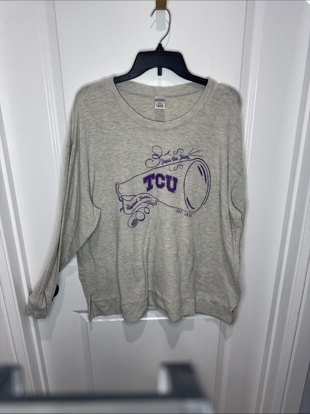 Gildan Light Gray Sweatshirt with Purple TCU Megaphone Graphic